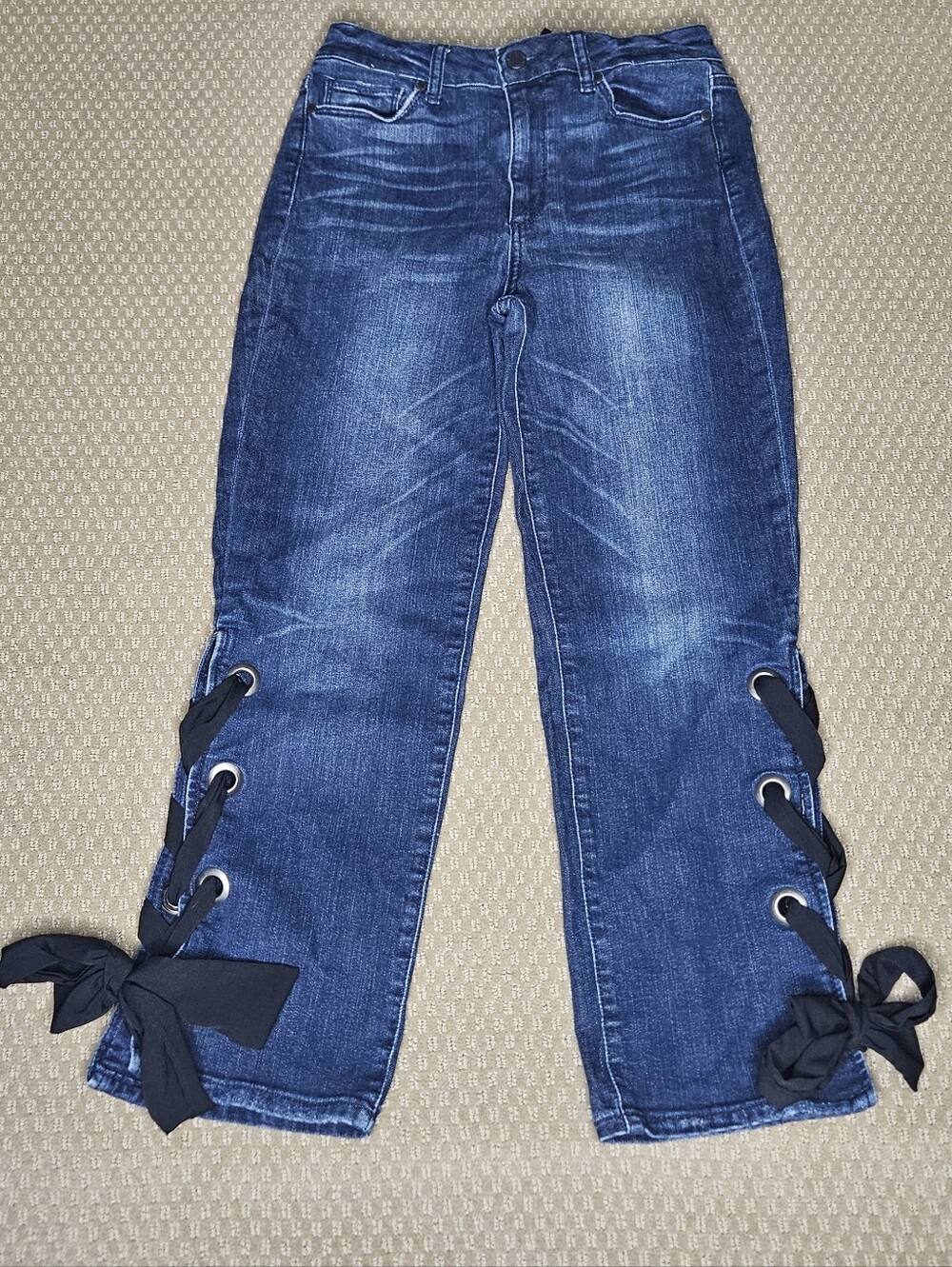 Paige High Rise Sarah Straight ankle crop jeans grommets ties lower legs